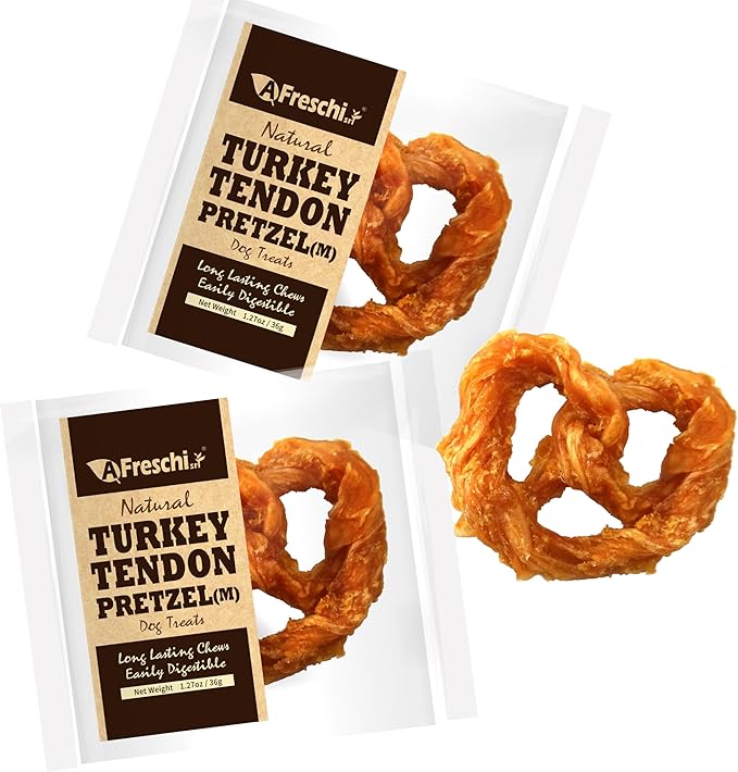 Afreschi Natural Turkey Tendon Pretzel (M) Pack of 2, Dog Treats for Signature Series, All Natural Human Grade Dog Chew, Turkey Sourced from USA, Hypoallergenic, Rawhide Alternative