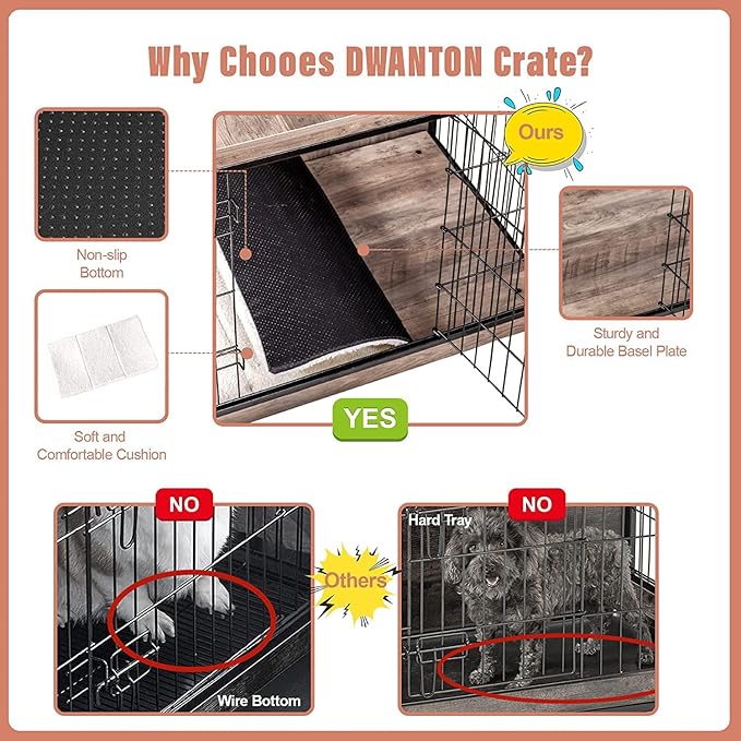 DWANTON Dog Crate Furniture with Cushion, Large Wooden Dog Crate with Double Doors, Dog Furniture, Indoor Dog Kennel, Dog House, Large, 38.5" L, Greige