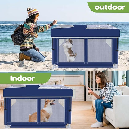 Dog Playpen with Cover, 42x42x25.6 Inches Foldable Portable Soft Puppy Playpen with Gate, Thickened Fabric Mesh Dog Fence with High-Strength Nylon Wire Mesh, Indoor Outdoor Breathable Exercise Cage