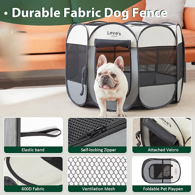 Love's cabin Pet Puppy Dog Playpen, Medium Dog Tent Crates Cage Indoor/Outdoor, Portable Playpen for Cat, Foldable Pop Up Dog Kennel Playpen with Carring Case, Removable Zipper Top, Grey