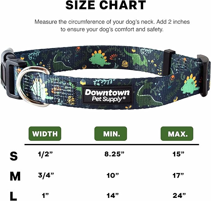 Downtown Pet Supply - Best, Cute & Fancy Dog Collar - Lightweight Adjustable Dog Collar with Quick Buckle & D-Ring - Hand Wash Safe - Dino - S - Small Dog Collar