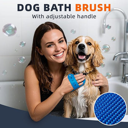 4PCS Dog Bath Brush | Scrubber for Bath | Shampoo Brush | Toothbrush | Finger Toothbrush | Dog Shower/Washing Brush with Adjustable Ring Handle - Pet Bath Supplies (Blue Green)