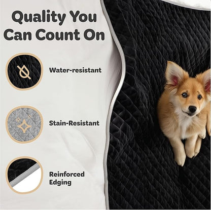 Reversible Dog Blankets 60" x 40" - Water-Resistant Pet Blankets with Plush Warm Side & Cooling Nylon Side - Machine Washable Large Dog Blanket for Car, Couch, Bed & Furniture - Grey/Black