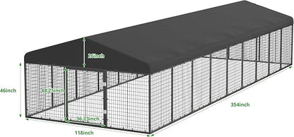 354" x 118" Large Outdoor Dog Enclosure,Heavy Duty Dog Cage with Roof,Galvanized Steel Dog Kennel Fence with Double Safety Locks
