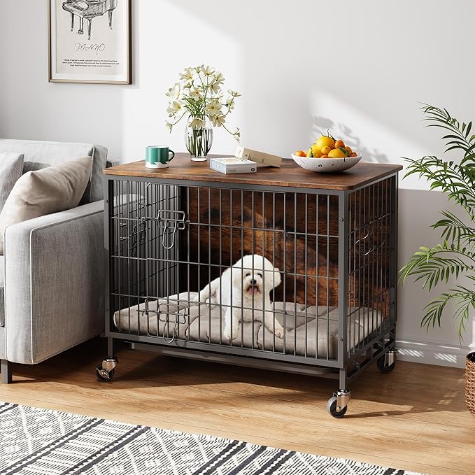 32.5" Dog Crate Furniture, Furniture-Style Dog Crate - Kennel Table with Wheels, Rustic Pet Cage for Medium Breeds, Brown & Black