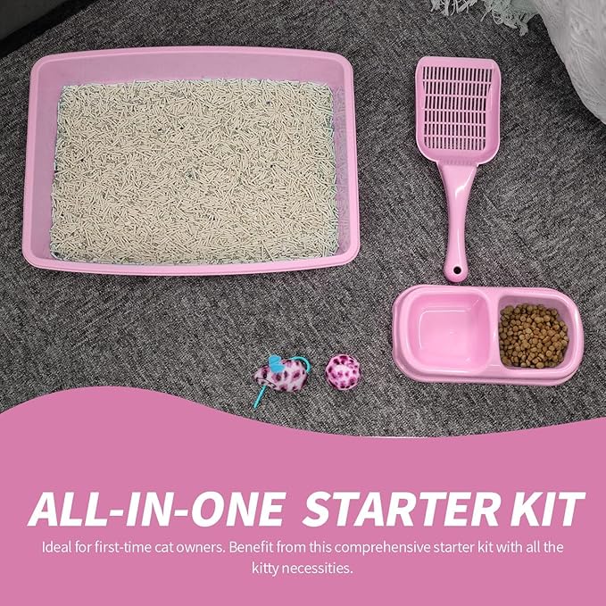 PAWISE Small Cat Litter Box, Kitten Litter Box Starter Kit, Low Entry Baby Kitten Training Litter Box with Scoop, Bowls,Cat Mouse Toy and Cat Ball Toy,First Catty Owner Essentials(Pink)