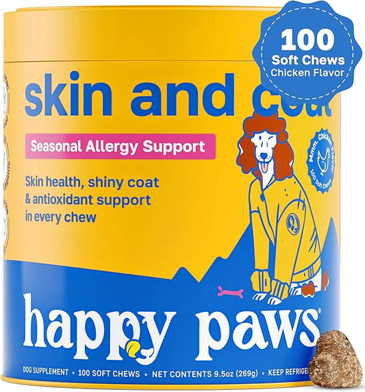 Happy Paws Skin and Coat Supplement for Dogs, Shedding & Dog Hair Growth Support for All Breeds & Ages, Made with Coconut Oil & Vitamin B12, Vegan Chicken Flavor, Organic, Non GMO, 100 Soft Chews