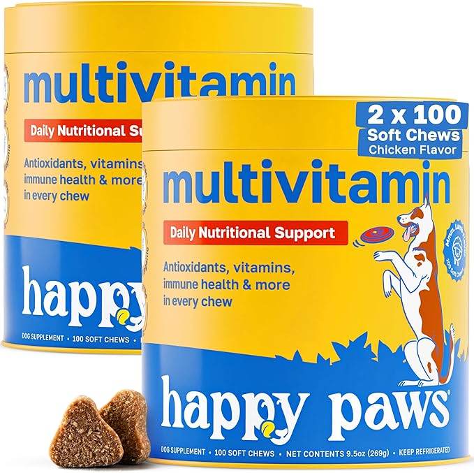Happy Paws 10-in-1 Multivitamin Supplement for Dogs, Daily Nutritional Support for All Breeds & Ages, Made with Coconut Oil, Vitamin D3 and Biotin, Vegan Lamb Flavor, Organic, Non GMO, 200 Soft Chews