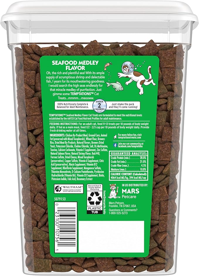 Temptations Classic Crunchy and Soft Cat Treats, Seafood Medley Flavor, 16 oz. Tub