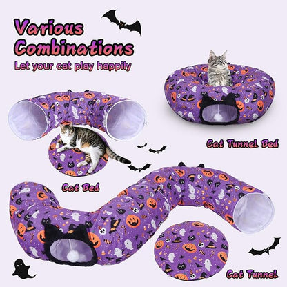 Tidjani Halloween Cat Tunnel, Cat Tunnels for Indoor Cats, Foldable Pet Donut Bed with Washable Mat and Dangling Balls, Pumpkins Spider Candy Pattern Decor, Pet Halloween Toys Gifts