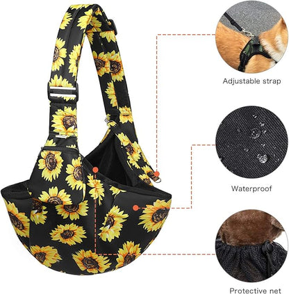 MOSISO Dog Cat Carrier Sling Bag, Small Pet Carrier Sunflower Tote Bag Hands Free Adjustable Padded Strap Breathable Polyester Soft Carrying Travel Shoulder Bag with Front Pocket for Dogs Cats, Black