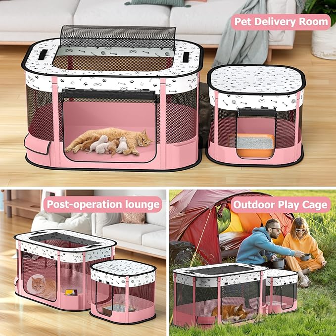 Portable Cat Playpen with litter box area, Foldable Pet Dog Playpen, for Kitten Puppy Play Pen Indoor/Outdoor, Cats Enclosure Cages Tent with Carrying Case, 600D Oxford 8-Rods, 32"x24"x22", Pink