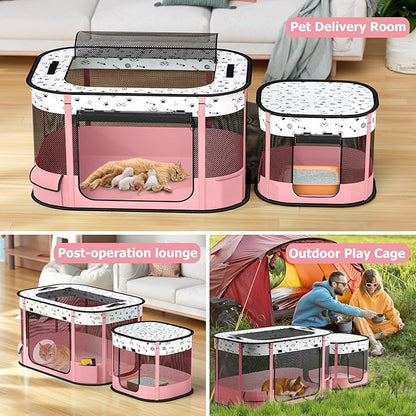 Portable Cat Playpen with litter box area, Foldable Pet Dog Playpen, for Kitten Puppy Play Pen Indoor/Outdoor, Cats Enclosure Cages Tent with Carrying Case, 600D Oxford 8-Rods, 32"x24"x22", Pink