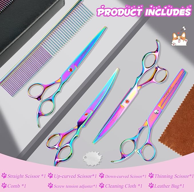 7 Inch Professional Pet Grooming Scissors Set, Curved Straight Dog Scissors, Thinning Shears, 8 in 1 Kit with Comb, Silver, Stainless Steel