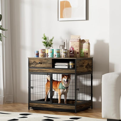 NicBex Dog Crate Furniture Dog Cage with 2 Doors and Drawers, Dog Kennels for Inside Space, Wooden Dog Crate with Stable Frame for Medium and Small Dogs, Antique Brown