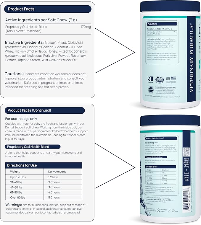 Veterinary Formula Dental Health Supplement for Dogs  Vet-Formulated Chews with EpiCor® & Kelp  Smart Vitality Supports Plaque, Tartar, Breath & Oral Health, 60 Soft Chews