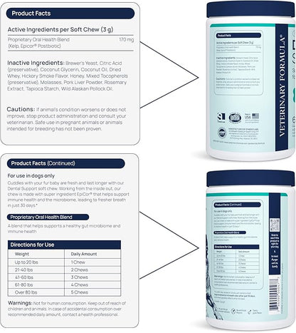 Veterinary Formula Dental Health Supplement for Dogs  Vet-Formulated Chews with EpiCor® & Kelp  Smart Vitality Supports Plaque, Tartar, Breath & Oral Health, 60 Soft Chews