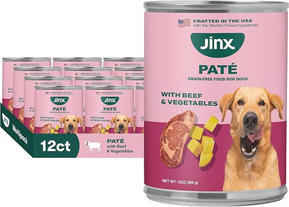 Jinx Premium Wet Dog Food Cans - Beef Pate - Grain-Free Canned Dog Food Pate & Topper with Real Ingredients & No Fillers - All Life Stages, Breeds & Sizes - 12-Pack, 13 Oz