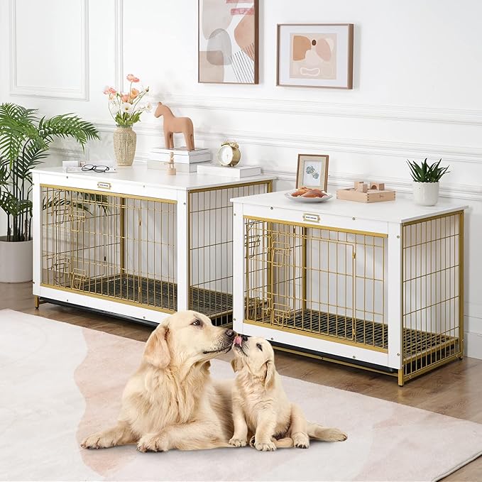 HOOBRO Dog Crate Furniture, 38.6" Large Dog Kennel Indoor, Wooden Dog Crate with Pull-Out Tray, Double Doors Dog House, Modern Side End Table for Small/Medium/Large Dog, White DW982GW03