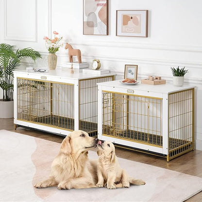 HOOBRO Dog Crate Furniture, 32.5" Medium Dog Kennel Indoor, Wooden Cage with Pull-Out Tray, Double Doors Pet House Side End Table for Medium/Small Dogs, White DW802GW03