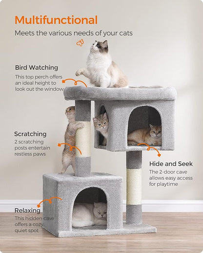 Feandrea Cat Tree, 39.8-Inch Cat Tower, XL, Cat Condo for Extra Large Cats up to 44 lb, Large Cat Perch, 2 Cat Caves, Scratching Post, Light Gray UPCT614W01