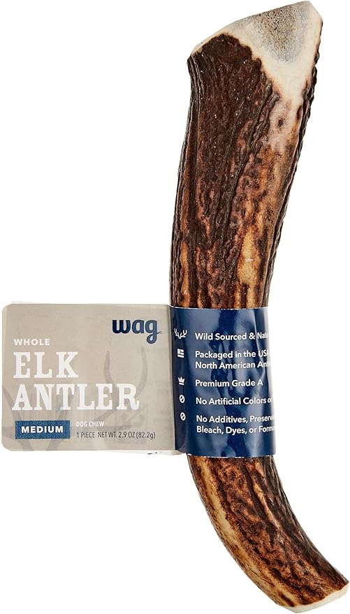 Amazon Brand - Wag Dog Elk Antler Chew, Naturally Shed, Whole, Medium 6-7.5 inches (Best for Dogs 15-30 lbs), 2.90 Ounce (Pack of 1)