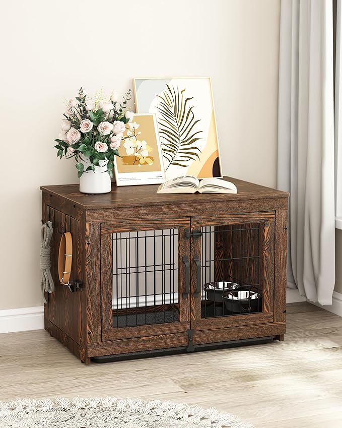 Piskyet Wooden Dog Crate Furniture with 360°Rotatable Removable Dog Bowls, Dog Crate End Table with Tray, Double Doors Dog Kennels for Dogs(M:31.8" L*22.1" W*24.1" H, Rustic Style)