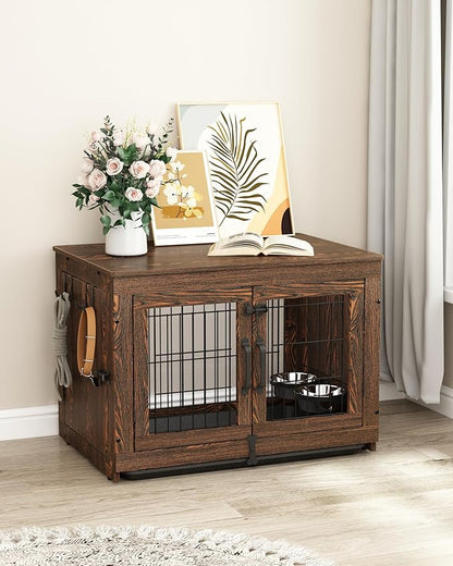 Piskyet Wooden Dog Crate Furniture with 360°Rotatable Removable Dog Bowls, Dog Crate End Table with Tray, Double Doors Dog Kennels for Dogs(M:31.8" L*22.1" W*24.1" H, Rustic Style)