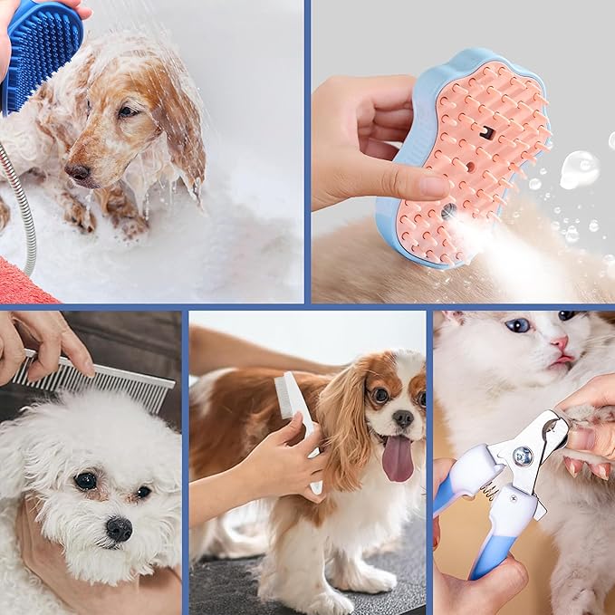 Pet Grooming Steam Brush Kit 7pcs, Cat Brush With Spray and Comb for Shedding - Nail Clippers File Set for Dogs Long Matted Haired Pets and Nail Repair