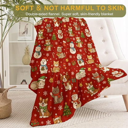 Cat and Dog Christmas Decorative Throw Blanket, Snowman Tree Bell Snowflake Print Decoration, Flannel Winter Blankets for Couch Bed Sofa, Holiday Home Decor, Xmas Festival Gifts 50x60 Inch