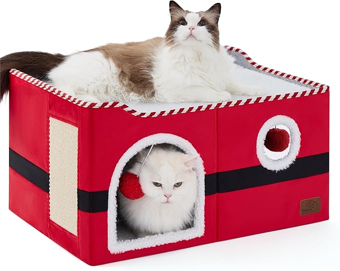 Bedsure Large Cat Beds for Indoor Cats - Extra Wide Cat Cube House for Small Pet with Fluffy Ball Hanging and Scratch Pad, Foldable Pet Cave Hideaway for Multiple Cats, 23.6x16.9x13 inches,Red