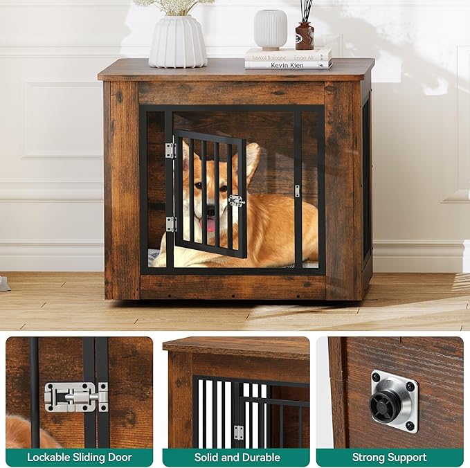 YITAHOME 27.2" L Dog Crate Furniture for Medium Dogs, 2-in-1 Iron-Wood Fusion Dog cage Indoor up to 30 lb, Side End Table, Modern Dogs Kennel with Waterproof Top, Safety Corners,Steel Lock,Rustic