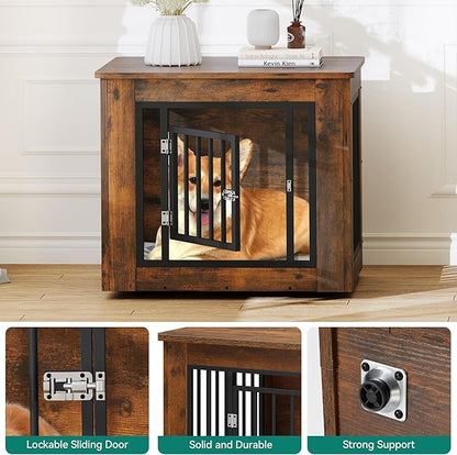 YITAHOME 27.2" L Dog Crate Furniture for Medium Dogs, 2-in-1 Iron-Wood Fusion Dog cage Indoor up to 30 lb, Side End Table, Modern Dogs Kennel with Waterproof Top, Safety Corners,Steel Lock,Rustic