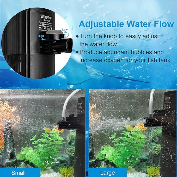 Internal Fish Tank Filter with 4-Stage Biochemical Sponge Filtration, 23W Adjustable Water Flow Submersible Aquarium Filter Pump for 80~120 Gal Freshwater or 50~70 Gal Saltwater, TC-3000C(370GPH)