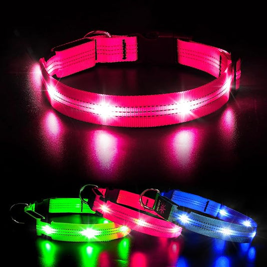 BSEEN Light Up Dog Collars - Glowing LED Dog Collar, Reflective Puppy Collar, Adjustable Lighted Dog Collar, Rechargeable Pet Collar for Night Walking (Pink-II, Large)