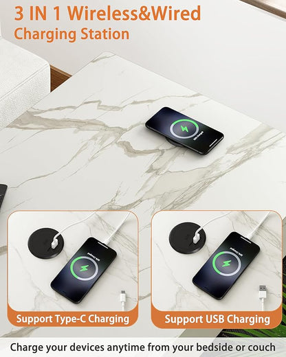 Piskyet Dog Crate Furniture,Wooden Dog Crate End Table with Storage Drawer&Cushion&Tray, QC3.0 Wireless Charging,Dual USB,Small Dogs Marble White