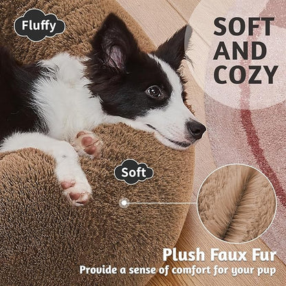 OhGeni Calming Donut Dog Bed Pillow, Machine Washable Plush Waterproof Zipper Cover, Anti-Slip Round Comfort Pet Bed, Pillow Design Cozy Warming Fluffy Fur Bed for Medium Large Dogs, Ocher, 36 inches