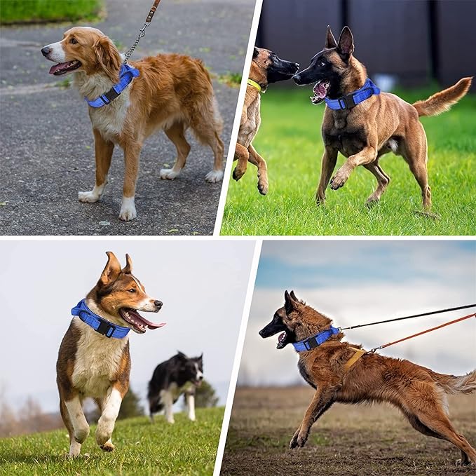 KCUCOP Tactical Dog Collar, Heavy Duty Dog Collar with Handle and Metal Buckle, Military Thick Dog Collars for Medium and Large Dogs(DarkBlue-XL-Reflective, 1 Patch)