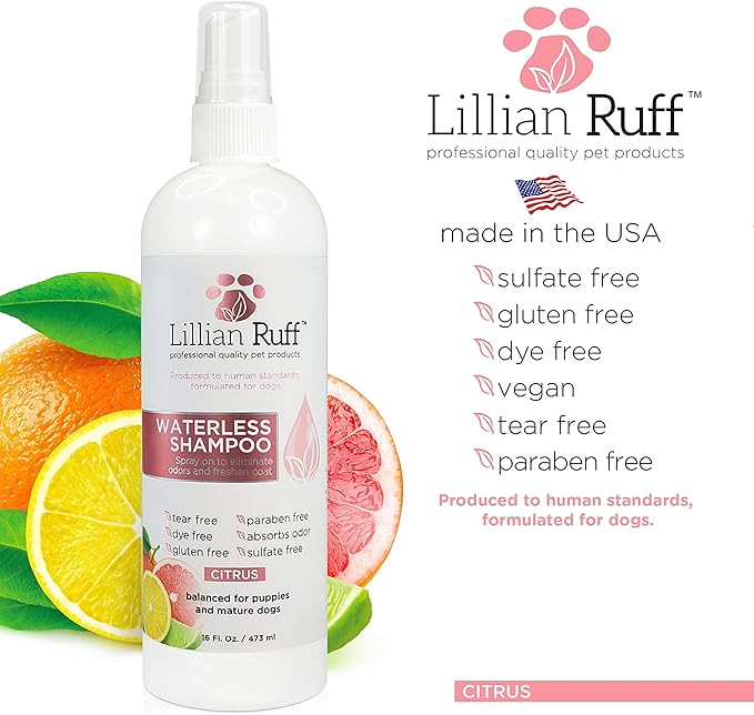 Lillian Ruff Waterless No-Rinse Dog Dry Shampoo Spray with Hydrating Essential Oils - pH-Balanced Dry Shampoo for Dogs - Clean, Condition, Detangle & Deodorize Dry, Sensitive Skin (Citrus)