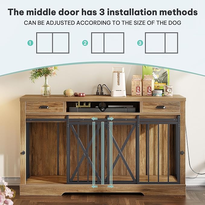 YITAHOME 63 Inch Double Dog Crate TV Stand with Charging Station, Heavy Duty Wooden Dog Crate Furniture for 2 Dogs, Dog Kennel Indoor Furniture Double Sliding Barn Door Design Ideal for 2 Dogs, Oak