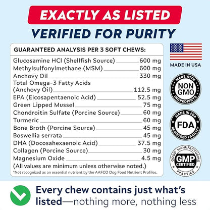 Advanced Glucosamine Chondroitin Joint Supplement for Dogs - Hip & Joint Pain Relief Pills - Green Lipped Mussel & Collagen - Large & Small Breed - Senior Dogs Joint Health - Bacon Flavor - 180ct