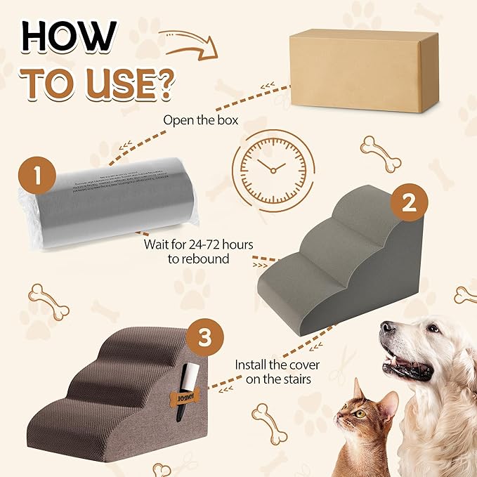 Romrol Dog Stairs Ramp for Beds Couches, Extra Wide Pet Steps with Durable Non-Slip Waterproof Fabric Cover, Pets Slope Stairs, 3-Tiers,Coffee