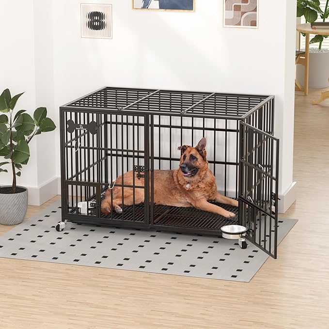 Dosker 54 inch XL Dog Crate for Large Dog/Double Medium Dogs,Heavy Duty Metal Dog Cages,All Metal Open Top Stackable,Dog Kennel Indoor with Wheels,Floor Grid, Tray, Divider and Feeding Bowl