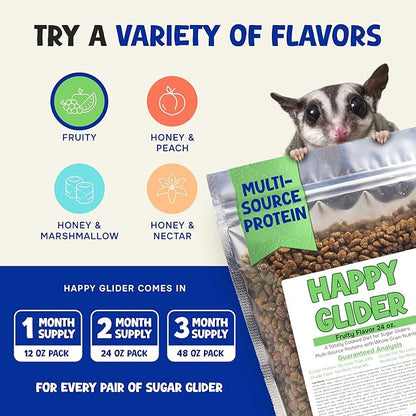 Happy Glider Sugar Glider Food - Fruity Flavor | 1.5 lbs of Premium Food for Sugar Gliders and Small Animals - 2 Months Supply