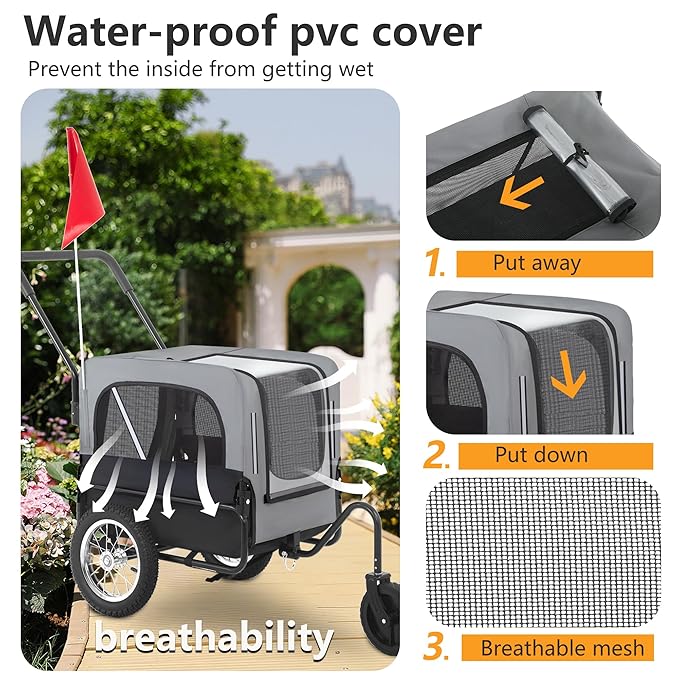 FDW Dog Stroller 2-in1 Dog Bike Trailer Pet Stroller Bicycle Carrier with Hitch Suspension Visibility Flag & Reflectors for Small Medium & Large Dogs, Gray