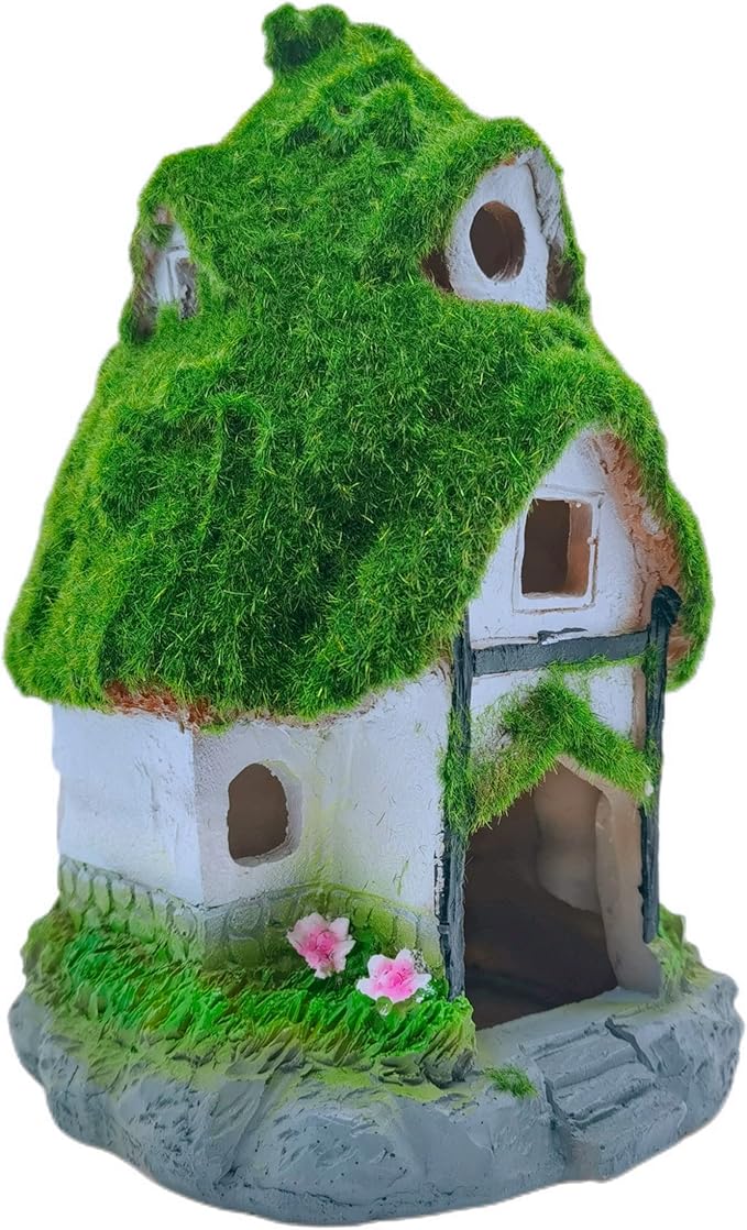 M2cbridge Aquarium Decorations Fish Hideout House Betta Cave with Green Lifelike Moss (Garden Shed)