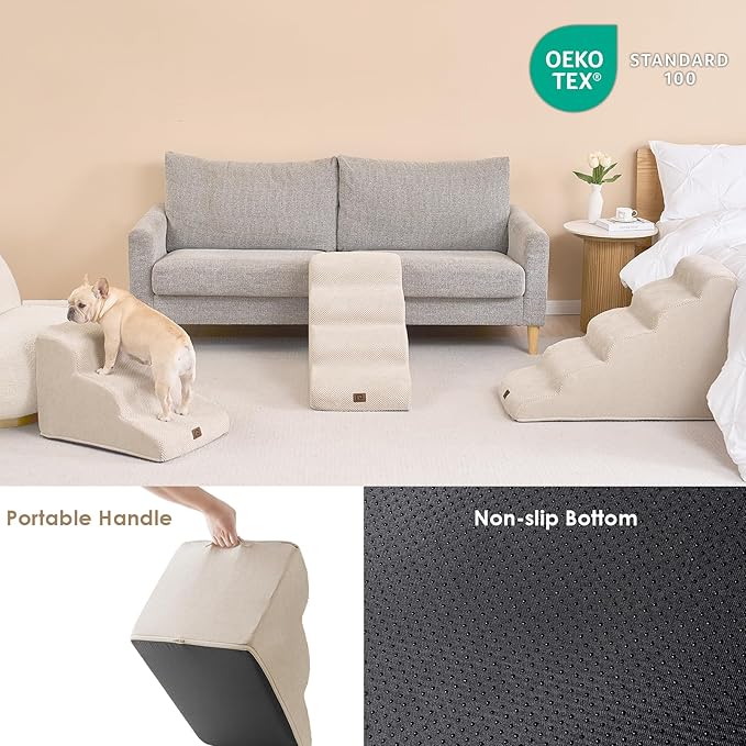 EHEYCIGA Curved Dog Stairs Ramp for High Beds 22.6" H, 5-Step Dog Steps for Small Dogs and Cats, Pet Stairs for High Bed Climbing, Non-Slip Balanced Pet Step Indoor, Beige