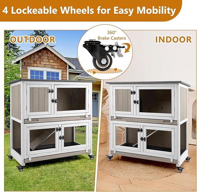 2 Story Rabbit Hutch Indoor with 2 Deeper Pull-Out Trays, Wooden Rabbit Cage with 4 Lockable Wheels, Ramp, Chew-Anti Metal Strip for Rabbit, Guinea Pig, Hamster(36" L x 17.8" W x 36.7" H)