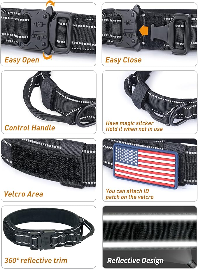 Reflective Dog Collar, AUBEEL Tactical Dog Collar for Medium Large Dogs, Heavy Duty Dog Collars with Handle and Metal Buckle Great for German Shepherd, with Airtag Holder and 2 Patches(Black, L)