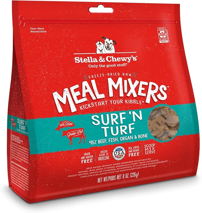 Stella & Chewy's Freeze Dried Raw Surf & Turf Meal Mixer  Dog Food Topper for Small & Large Breeds  Grain Free, Protein Rich Recipe  8 oz Bag
